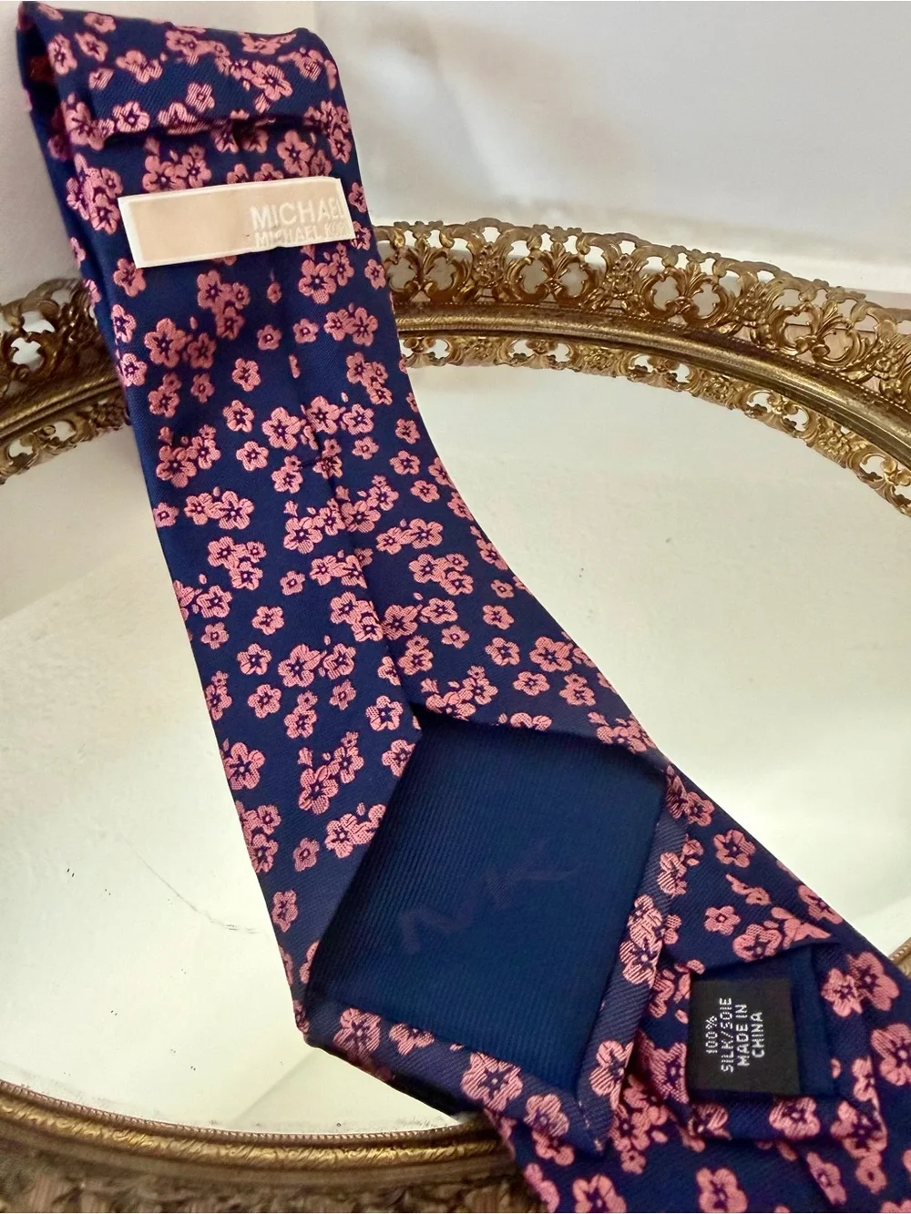 Michael Michael Kors Men’s 100% Silk Tie Navy Pink Floral Print
